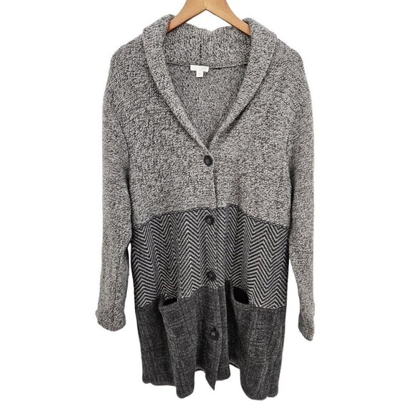 J Jill Long Button Front Cardigan Womens XL Herringbone Grey Wool Blend Pockets - Picture 1 of 12